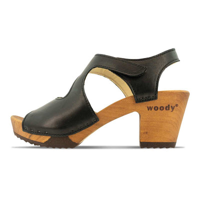 [Schwarz] Hannah Damen Clog Sandalette mit biegsamer nachhaltiger holzsohle, farbe: schwarz, holzclogs woody, woody schuhe, woody shoes, handgemachte holzschuhe aus österreich, kärnten