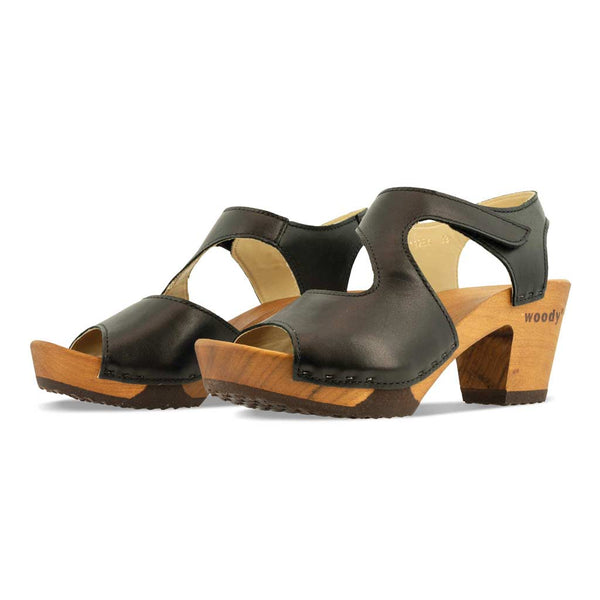 [Schwarz] Hannah Damen Clog Sandalette mit biegsamer nachhaltiger holzsohle, farbe: schwarz, holzclogs woody, woody schuhe, woody shoes, handgemachte holzschuhe aus österreich, kärnten