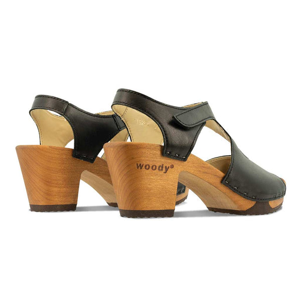 [Schwarz] Hannah Damen Clog Sandalette mit biegsamer nachhaltiger holzsohle, farbe: schwarz, holzclogs woody, woody schuhe, woody shoes, handgemachte holzschuhe aus österreich, kärnten