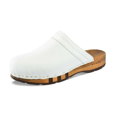 [Weiss] Harry Herren Clogs mit biegsamer nachhaltiger holzsohle, farbe: weiss, holzclogs woody, woody schuhe, woody shoes, handgemachte holzschuhe aus österreich, kärnten
