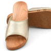[Gold] Heidi Damen Clog Pantolette mit biegsamer nachhaltiger holzsohle, farbe: gold, holzclogs woody, woody schuhe, woody shoes, handgemachte holzschuhe aus österreich, kärnten