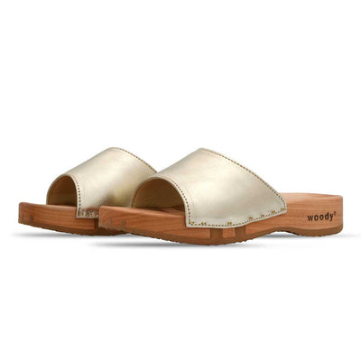 [Gold] Heidi Damen Clog Pantolette mit biegsamer nachhaltiger holzsohle, farbe: gold, holzclogs woody, woody schuhe, woody shoes, handgemachte holzschuhe aus österreich, kärnten