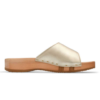 [Gold] Heidi Damen Clog Pantolette mit biegsamer nachhaltiger holzsohle, farbe: gold, holzclogs woody, woody schuhe, woody shoes, handgemachte holzschuhe aus österreich, kärnten