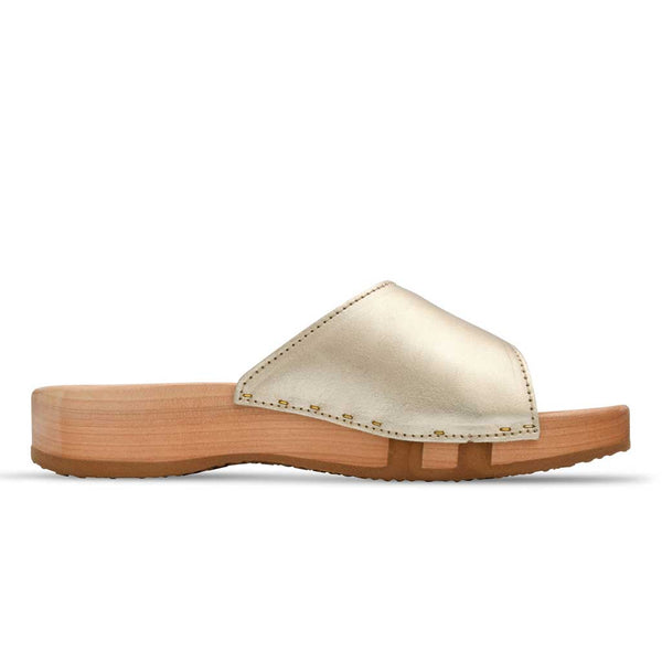 [Gold] Heidi Damen Clog Pantolette mit biegsamer nachhaltiger holzsohle, farbe: gold, holzclogs woody, woody schuhe, woody shoes, handgemachte holzschuhe aus österreich, kärnten