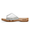 [Silber] Heidi Damen Clog Pantolette mit biegsamer nachhaltiger holzsohle, farbe: silber, holzclogs woody, woody schuhe, woody shoes, handgemachte holzschuhe aus österreich, kärnten