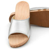 [Silber] Heidi Damen Clog Pantolette mit biegsamer nachhaltiger holzsohle, farbe: silber, holzclogs woody, woody schuhe, woody shoes, handgemachte holzschuhe aus österreich, kärnten
