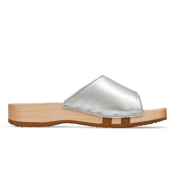 [Silber] Heidi Damen Clog Pantolette mit biegsamer nachhaltiger holzsohle, farbe: silber, holzclogs woody, woody schuhe, woody shoes, handgemachte holzschuhe aus österreich, kärnten