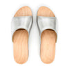[Silber] Heidi Damen Clog Pantolette mit biegsamer nachhaltiger holzsohle, farbe: silber, holzclogs woody, woody schuhe, woody shoes, handgemachte holzschuhe aus österreich, kärnten