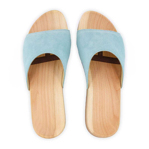 [Baby Blue] Heidi Damen Clog Pantolette mit biegsamer nachhaltiger holzsohle, farbe: baby blue, holzclogs woody, woody schuhe, woody shoes, handgemachte holzschuhe aus österreich, kärnten