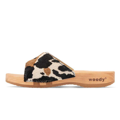 [Fell Kombi] Heidi Fell Damen Clog Pantolette mit biegsamer nachhaltiger holzsohle, farbe: fell kombi (kuh-print-design), holzclogs woody, woody schuhe, woody shoes, handgemachte holzschuhe aus österreich, kärnten