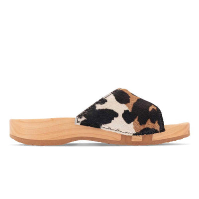[Fell Kombi] Heidi Fell Damen Clog Pantolette mit biegsamer nachhaltiger holzsohle, farbe: fell kombi (kuh-print-design), holzclogs woody, woody schuhe, woody shoes, handgemachte holzschuhe aus österreich, kärnten
