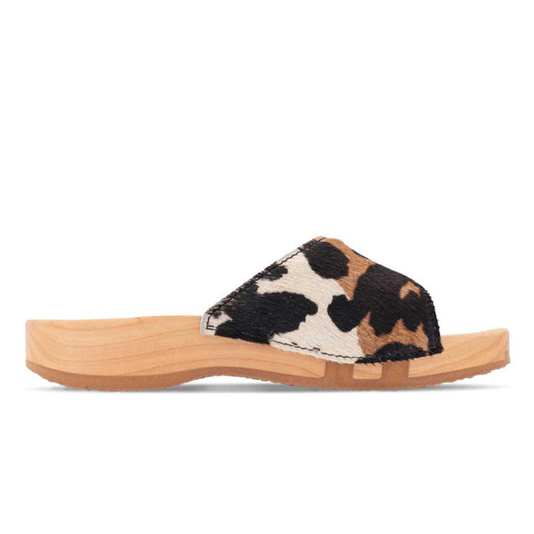 [Fell Kombi] Heidi Fell Damen Clog Pantolette mit biegsamer nachhaltiger holzsohle, farbe: fell kombi (kuh-print-design), holzclogs woody, woody schuhe, woody shoes, handgemachte holzschuhe aus österreich, kärnten