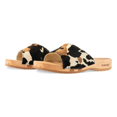 [Fell Kombi] Heidi Fell Damen Clog Pantolette mit biegsamer nachhaltiger holzsohle, farbe: fell kombi (kuh-print-design), holzclogs woody, woody schuhe, woody shoes, handgemachte holzschuhe aus österreich, kärnten