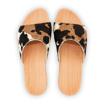 [Fell Kombi] Heidi Fell Damen Clog Pantolette mit biegsamer nachhaltiger holzsohle, farbe: fell kombi (kuh-print-design), holzclogs woody, woody schuhe, woody shoes, handgemachte holzschuhe aus österreich, kärnten