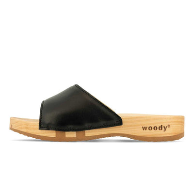 [Schwarz] Heidi Damen Clog Pantolette mit biegsamer nachhaltiger holzsohle, farbe: schwarz, holzclogs woody, woody schuhe, woody shoes, handgemachte holzschuhe aus österreich, kärnten