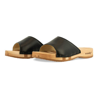 [Schwarz] Heidi Damen Clog Pantolette mit biegsamer nachhaltiger holzsohle, farbe: schwarz, holzclogs woody, woody schuhe, woody shoes, handgemachte holzschuhe aus österreich, kärnten