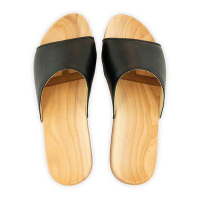 [Schwarz] Heidi Damen Clog Pantolette mit biegsamer nachhaltiger holzsohle, farbe: schwarz, holzclogs woody, woody schuhe, woody shoes, handgemachte holzschuhe aus österreich, kärnten