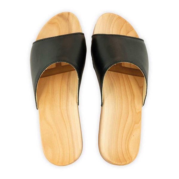 [Schwarz] Heidi Damen Clog Pantolette mit biegsamer nachhaltiger holzsohle, farbe: schwarz, holzclogs woody, woody schuhe, woody shoes, handgemachte holzschuhe aus österreich, kärnten