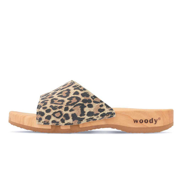 [Wildcat] Heidi Damen Clog Pantolette mit biegsamer nachhaltiger holzsohle, farbe: wildcat (leopard-print), holzclogs woody, woody schuhe, woody shoes, handgemachte holzschuhe aus österreich, kärnten
