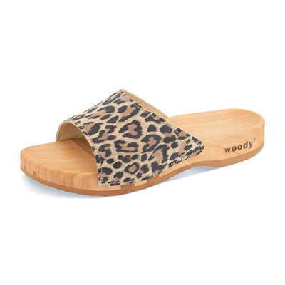 [Wildcat] Heidi Damen Clog Pantolette mit biegsamer nachhaltiger holzsohle, farbe: wildcat (leopard-print), holzclogs woody, woody schuhe, woody shoes, handgemachte holzschuhe aus österreich, kärnten