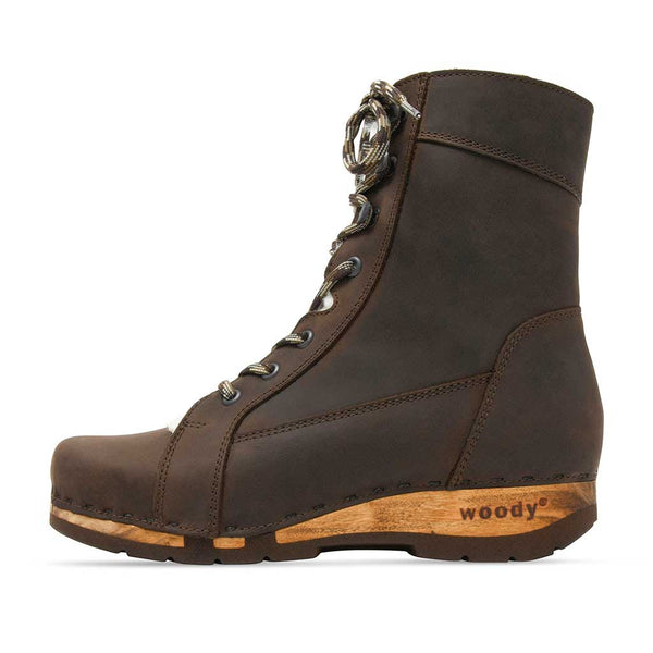 [Caffe] Heike Damen Clog Stiefelette, clog lammfell gefütterter clog stiefel damen mit biegsamer nachhaltiger holzsohle, farbe: nero  (schwarz), holzclogs woody, woody schuhe, woody shoes, handgemachte holzschuhe aus österreich, kärnten