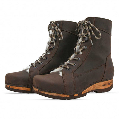 [Caffe] Heike Damen Clog Stiefelette, clog lammfell gefütterter clog stiefel damen mit biegsamer nachhaltiger holzsohle, farbe: nero(schwarz), holzclogs woody, woody schuhe, woody shoes, handgemachte holzschuhe aus österreich, kärnten