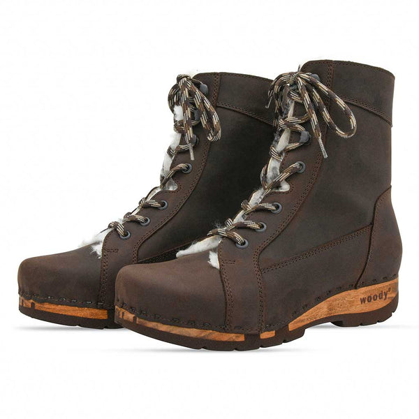 [Caffe] Heike Damen Clog Stiefelette, clog lammfell gefütterter clog stiefel damen mit biegsamer nachhaltiger holzsohle, farbe: nero  (schwarz), holzclogs woody, woody schuhe, woody shoes, handgemachte holzschuhe aus österreich, kärnten