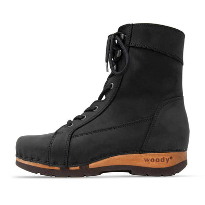 [Nero] Heike Damen Clog Stiefelette, clog lammfell gefütterter clog stiefel damen mit biegsamer nachhaltiger holzsohle, farbe: nero(schwarz), holzclogs woody, woody schuhe, woody shoes, handgemachte holzschuhe aus österreich, kärnten