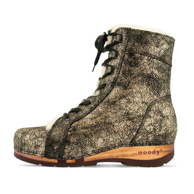 [Noirgold] Heike Damen Clog Stiefelette, clog lammfell gefütterter clog stiefel damen mit biegsamer nachhaltiger holzsohle, holzclogs woody, woody schuhe, woody shoes, handgemachte holzschuhe aus österreich, kärnten, farbe: noirgold (gold mit schwarzen cracks)