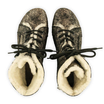 [Noirgold] Heike Damen Clog Stiefelette, clog lammfell gefütterter clog stiefel damen mit biegsamer nachhaltiger holzsohle, holzclogs woody, woody schuhe, woody shoes, handgemachte holzschuhe aus österreich, kärnten, farbe: noirgold (gold mit schwarzen cracks)