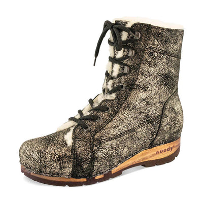 [Noirgold] Heike Damen Clog Stiefelette, clog lammfell gefütterter clog stiefel damen mit biegsamer nachhaltiger holzsohle, holzclogs woody, woody schuhe, woody shoes, handgemachte holzschuhe aus österreich, kärnten, farbe: noirgold (gold mit schwarzen cracks)