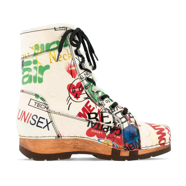 [Showtime] Heike Damen Clog Stiefelette, clog lammfell gefütterter clog stiefel damen mit biegsamer nachhaltiger holzsohle, farbe: showtime (by vivienne westwood), holzclogs woody, woody schuhe, woody shoes, handgemachte holzschuhe aus österreich, kärnten
