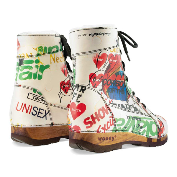 [Showtime] Heike Damen Clog Stiefelette, clog lammfell gefütterter clog stiefel damen mit biegsamer nachhaltiger holzsohle, farbe: showtime (by vivienne westwood), holzclogs woody, woody schuhe, woody shoes, handgemachte holzschuhe aus österreich, kärnten
