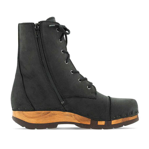 [Nero (Wollfutter)] Herta Damen Clog Stiefelette mit biegsamer nachhaltiger holzsohle, farbe: nero, holzclogs woody, woody schuhe, woody shoes, handgemachte holzschuhe aus österreich, kärnten