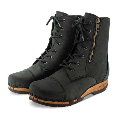 [Nero (Wollfutter)] Herta Damen Clog Stiefelette mit biegsamer nachhaltiger holzsohle, farbe: nero, holzclogs woody, woody schuhe, woody shoes, handgemachte holzschuhe aus österreich, kärnten