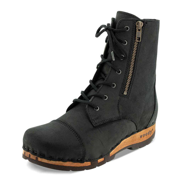 [Nero (Wollfutter)] Herta Damen Clog Stiefelette mit biegsamer nachhaltiger holzsohle, farbe: nero, holzclogs woody, woody schuhe, woody shoes, handgemachte holzschuhe aus österreich, kärnten