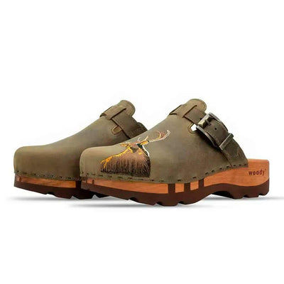 [Oliva] Hubertus Herren Clog mit Stick, biegsame nachhaltige holzsohle, farbe: oliva, holzclogs woody, woody schuhe, woody shoes, handgemachte holzschuhe aus österreich, kärnten