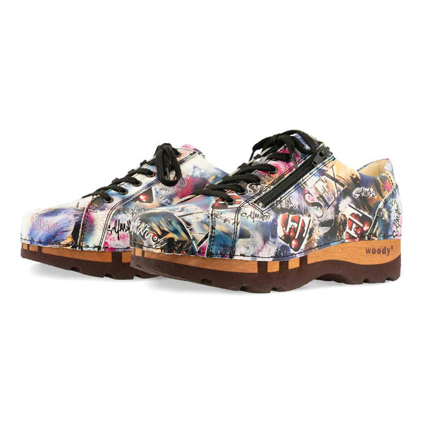 [Sex & Rock'n'Roll] Jack Herren Clog Sneaker mit biegsamer nachhaltiger holzsohle, farbe: weiss (multicolor-print urban style), holzclogs woody, woody schuhe, woody shoes, handgemachte holzschuhe aus österreich, kärnten