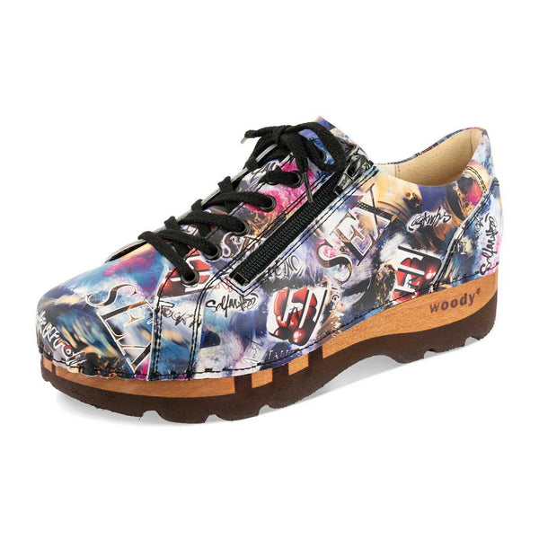 [Sex & Rock'n'Roll] Jack Herren Clog Sneaker mit biegsamer nachhaltiger holzsohle, farbe: weiss (multicolor-print urban style), holzclogs woody, woody schuhe, woody shoes, handgemachte holzschuhe aus österreich, kärnten