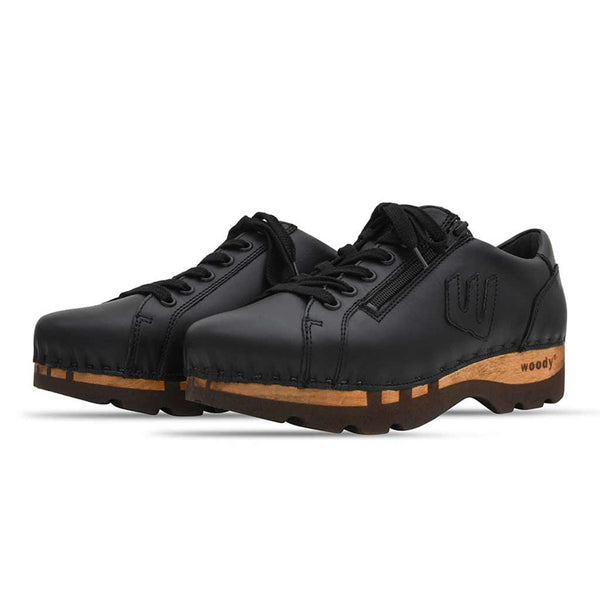 [Nero-Schwarz] Jack Herren Clog Sneaker mit biegsamer nachhaltiger holzsohle, farbe: nero-schwar (nappa-glattleder), holzclogs woody, woody schuhe, woody shoes, handgemachte holzschuhe aus österreich, kärnten