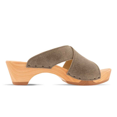 [Sand] Juna Damen Clog Pantolette, farbe: sand (warm grey), clog pantoletten damen mit biegsamer nachhaltiger weidenholzsohle, holzclogs woody, woody schuhe, woody shoes, handgemachte holzschuhe aus österreich, kärnten