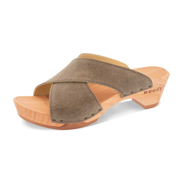 [Sand] Juna Damen Clog Pantolette, farbe: sand (warm grey), clog pantoletten damen mit biegsamer nachhaltiger weidenholzsohle, holzclogs woody, woody schuhe, woody shoes, handgemachte holzschuhe aus österreich, kärnten