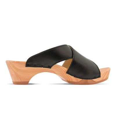 [Schwarz] Juna Damen Clog Pantolette, farbe: schwarz, clog pantoletten damen mit biegsamer nachhaltiger weidenholzsohle, holzclogs woody, woody schuhe, woody shoes, handgemachte holzschuhe aus österreich, kärnten