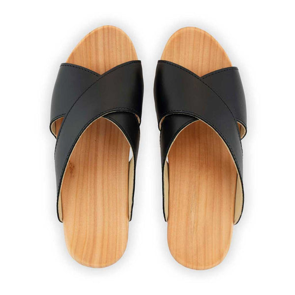 [Schwarz] Juna Damen Clog Pantolette, farbe: schwarz, clog pantoletten damen mit biegsamer nachhaltiger weidenholzsohle, holzclogs woody, woody schuhe, woody shoes, handgemachte holzschuhe aus österreich, kärnten