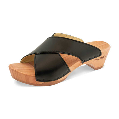[Schwarz] Juna Damen Clog Pantolette, farbe: schwarz, clog pantoletten damen mit biegsamer nachhaltiger weidenholzsohle, holzclogs woody, woody schuhe, woody shoes, handgemachte holzschuhe aus österreich, kärnten