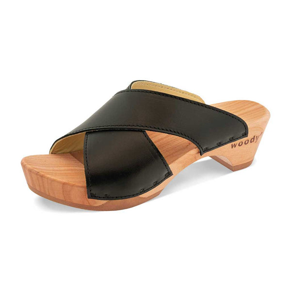 [Schwarz] Juna Damen Clog Pantolette, farbe: schwarz, clog pantoletten damen mit biegsamer nachhaltiger weidenholzsohle, holzclogs woody, woody schuhe, woody shoes, handgemachte holzschuhe aus österreich, kärnten