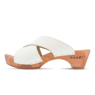 [Weiss] Juna Damen Clog Pantolette, farbe: weiss, clog pantoletten damen mit biegsamer nachhaltiger weidenholzsohle, holzclogs woody, woody schuhe, woody shoes, handgemachte holzschuhe aus österreich, kärnten