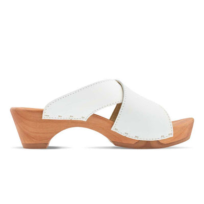 [Weiss] Juna Damen Clog Pantolette, farbe: weiss, clog pantoletten damen mit biegsamer nachhaltiger weidenholzsohle, holzclogs woody, woody schuhe, woody shoes, handgemachte holzschuhe aus österreich, kärnten