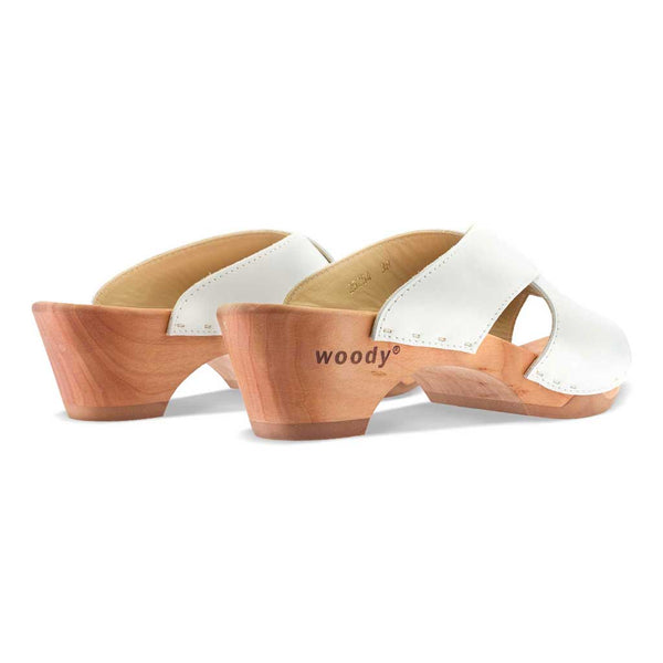 [Weiss] Juna Damen Clog Pantolette, farbe: weiss, clog pantoletten damen mit biegsamer nachhaltiger weidenholzsohle, holzclogs woody, woody schuhe, woody shoes, handgemachte holzschuhe aus österreich, kärnten