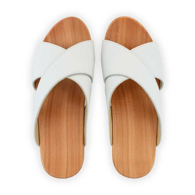[Weiss] Juna Damen Clog Pantolette, farbe: weiss, clog pantoletten damen mit biegsamer nachhaltiger weidenholzsohle, holzclogs woody, woody schuhe, woody shoes, handgemachte holzschuhe aus österreich, kärnten